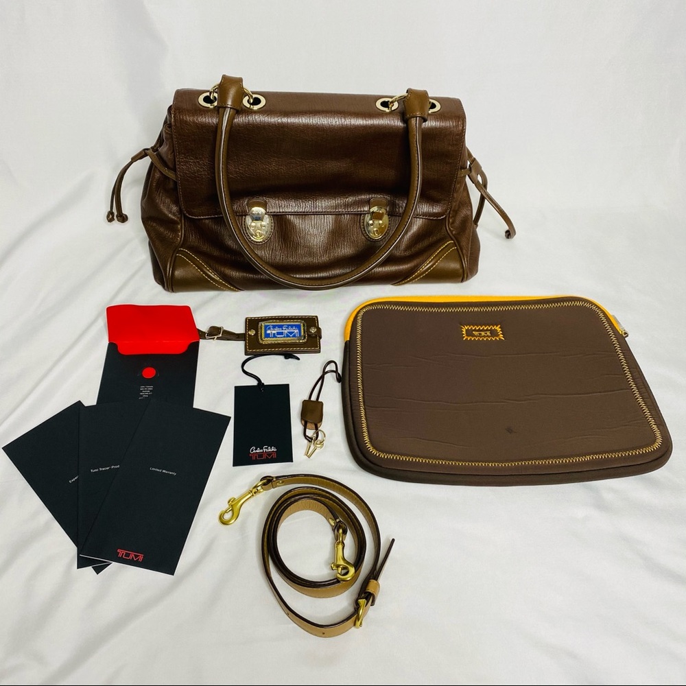Tumi Carlos Falchi Multi Compartment Flap Bag Brown Leather 73201CCF
